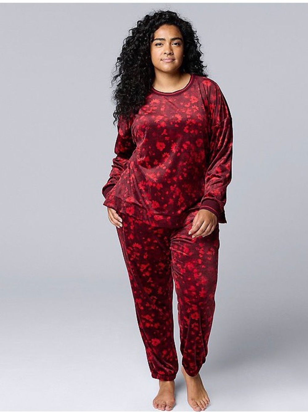 3X Vera Wang Velvet 2pc set Crewneck and Jogger Pants Women's Red Floral NWT